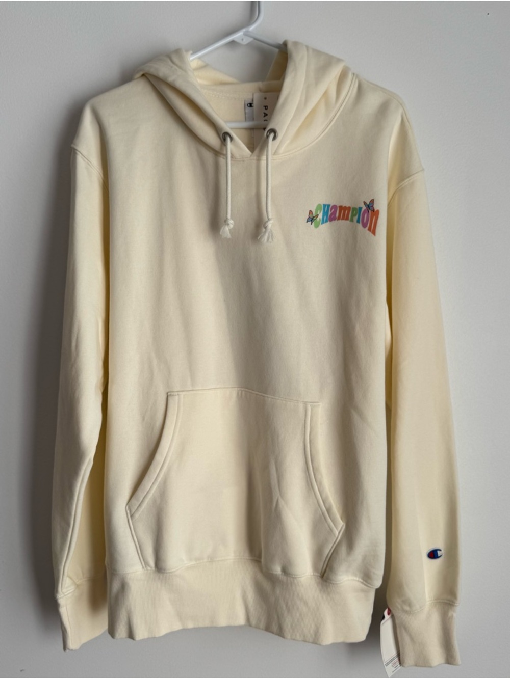 Champion Cream Hooded Sweatshirt with Rainbow Logo